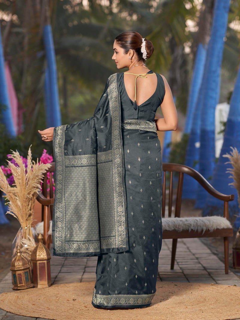 MANOHARI Women's Most Trendy Banarasi Woven Grey Saree With Heavy Jacquard Work Saree With Blouse Piece - Image 3
