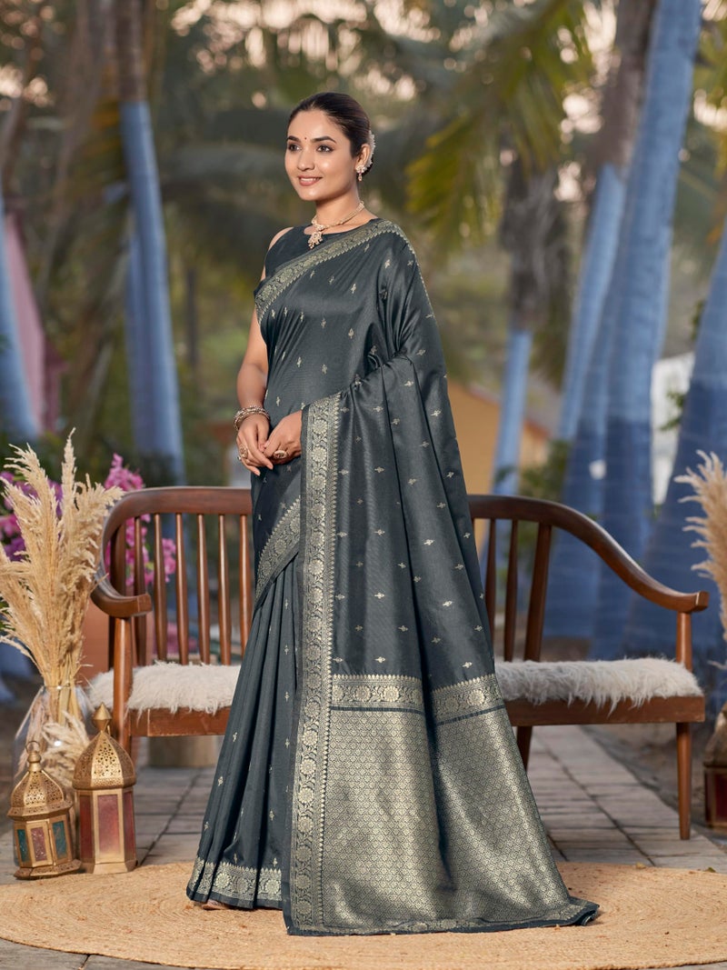 MANOHARI Women's Most Trendy Banarasi Woven Grey Saree With Heavy Jacquard Work Saree With Blouse Piece - Image 2