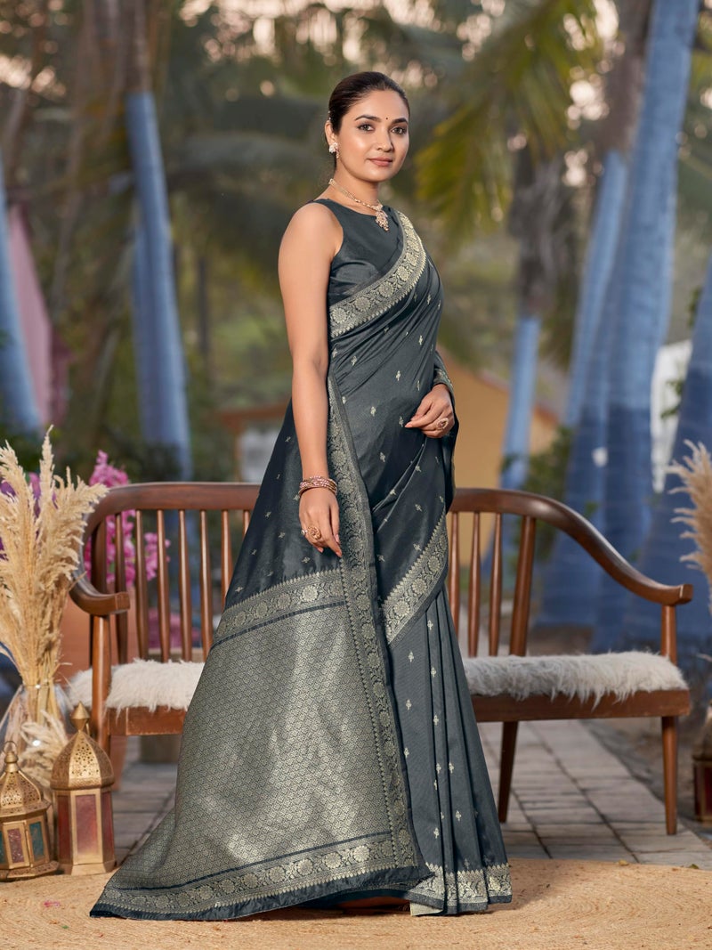 MANOHARI Women's Most Trendy Banarasi Woven Grey Saree With Heavy Jacquard Work Saree With Blouse Piece - Image 4