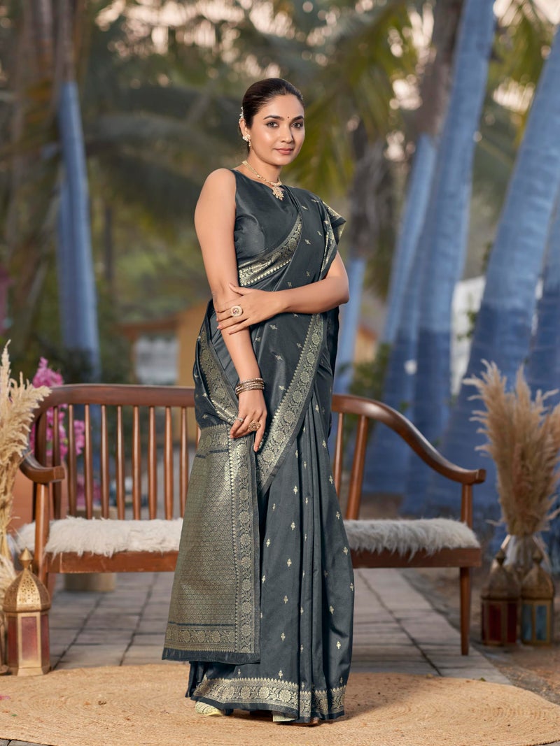 MANOHARI Women's Most Trendy Banarasi Woven Grey Saree With Heavy Jacquard Work Saree With Blouse Piece - Image 5