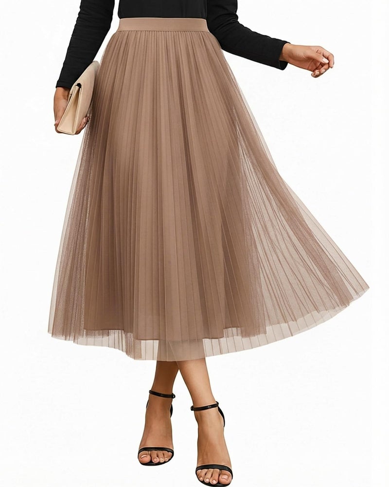 Cutecrop Women Tulle Skirt Fashion Pleated Mesh Skirt Elastic High Waist A Line Layered Flowy Party Wedding Daily Wear(Khaki,L) - Image 1