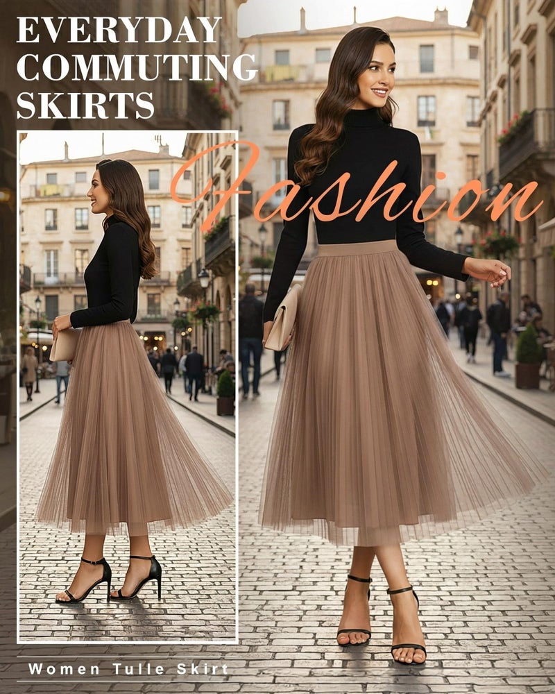 Cutecrop Women Tulle Skirt Fashion Pleated Mesh Skirt Elastic High Waist A Line Layered Flowy Party Wedding Daily Wear(Khaki,L) - Image 3