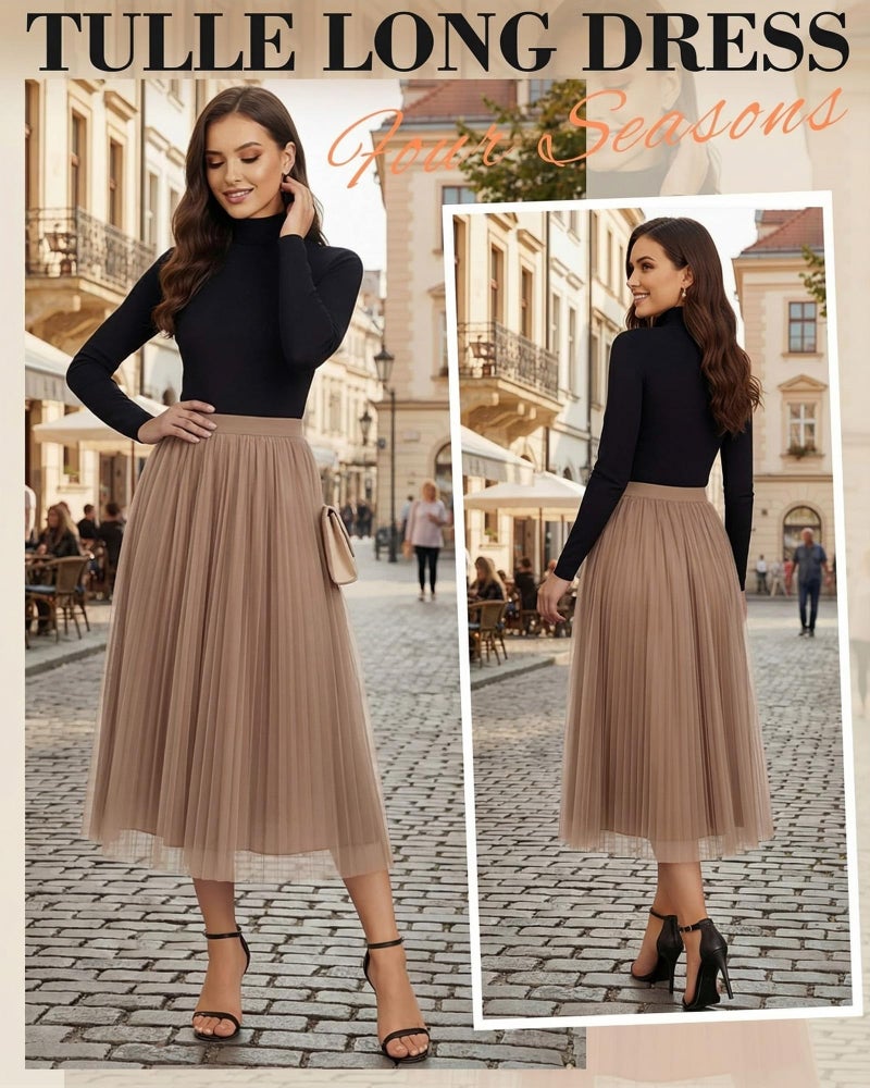 Cutecrop Women Tulle Skirt Fashion Pleated Mesh Skirt Elastic High Waist A Line Layered Flowy Party Wedding Daily Wear(Khaki,L) - Image 2