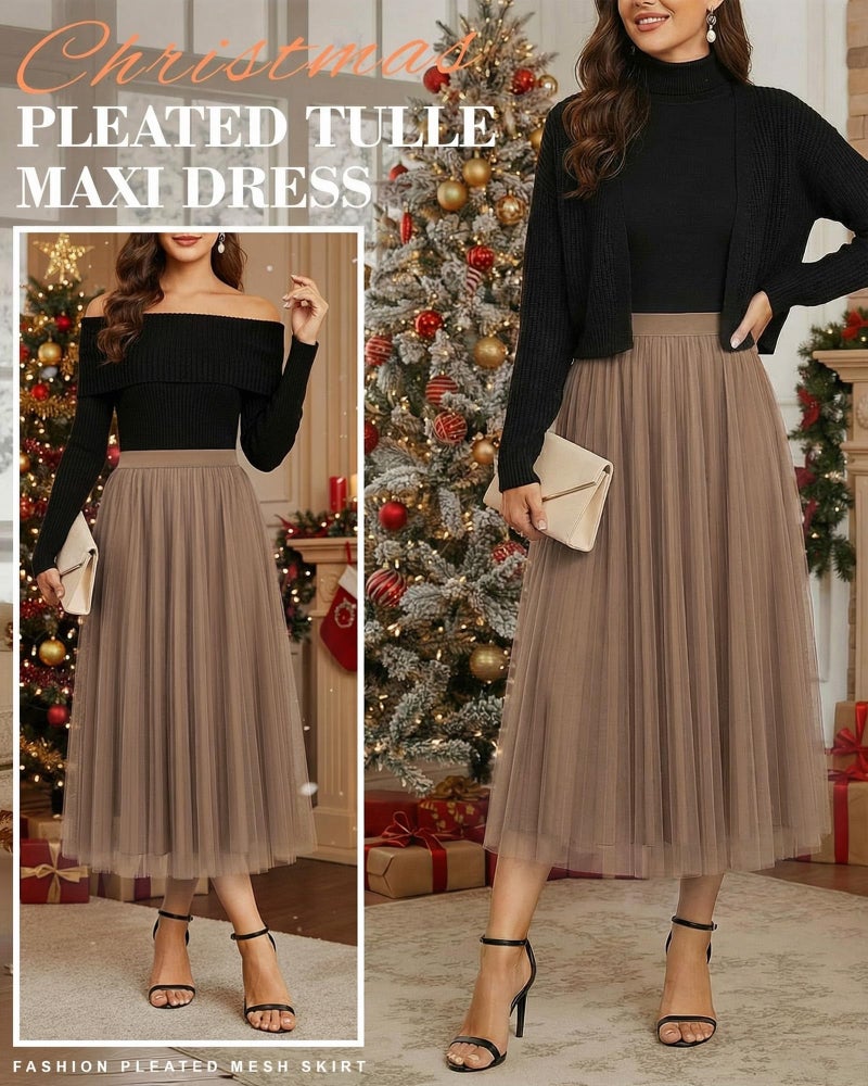 Cutecrop Women Tulle Skirt Fashion Pleated Mesh Skirt Elastic High Waist A Line Layered Flowy Party Wedding Daily Wear(Khaki,L) - Image 4