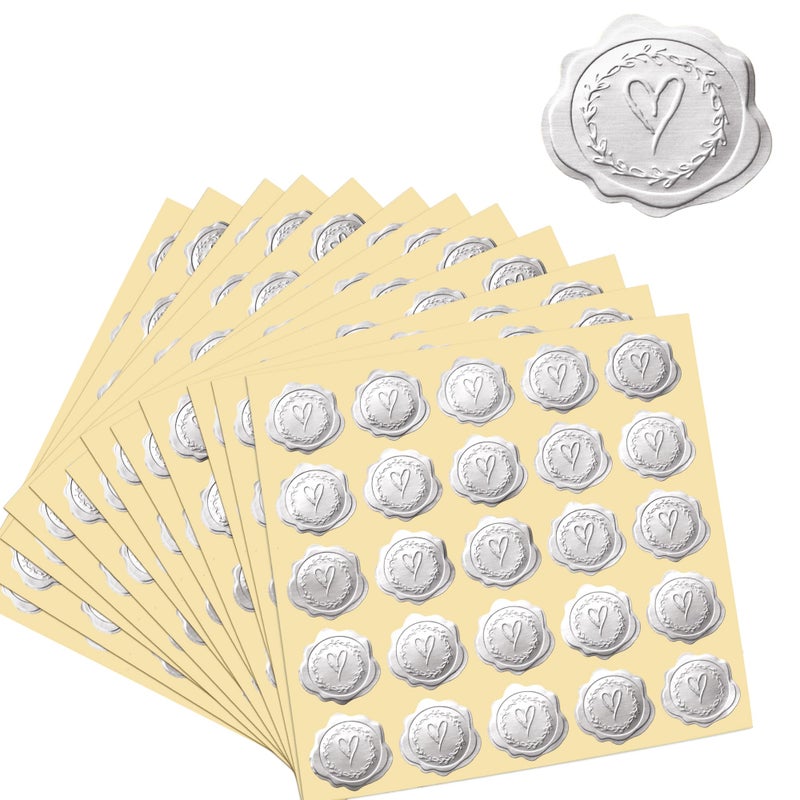 DreamBuilt 300pcs Silver Embossed Wax Seal Looking Heart Envelope Seals for Wedding Invitations/Greeting Cards/Party Favors, Self-Adhesive - Image 1