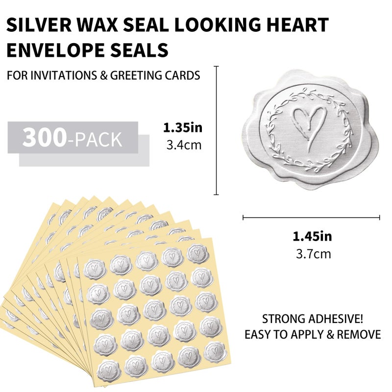 DreamBuilt 300pcs Silver Embossed Wax Seal Looking Heart Envelope Seals for Wedding Invitations/Greeting Cards/Party Favors, Self-Adhesive - Image 2