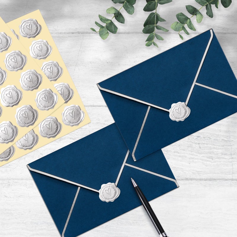 DreamBuilt 300pcs Silver Embossed Wax Seal Looking Heart Envelope Seals for Wedding Invitations/Greeting Cards/Party Favors, Self-Adhesive - Image 3