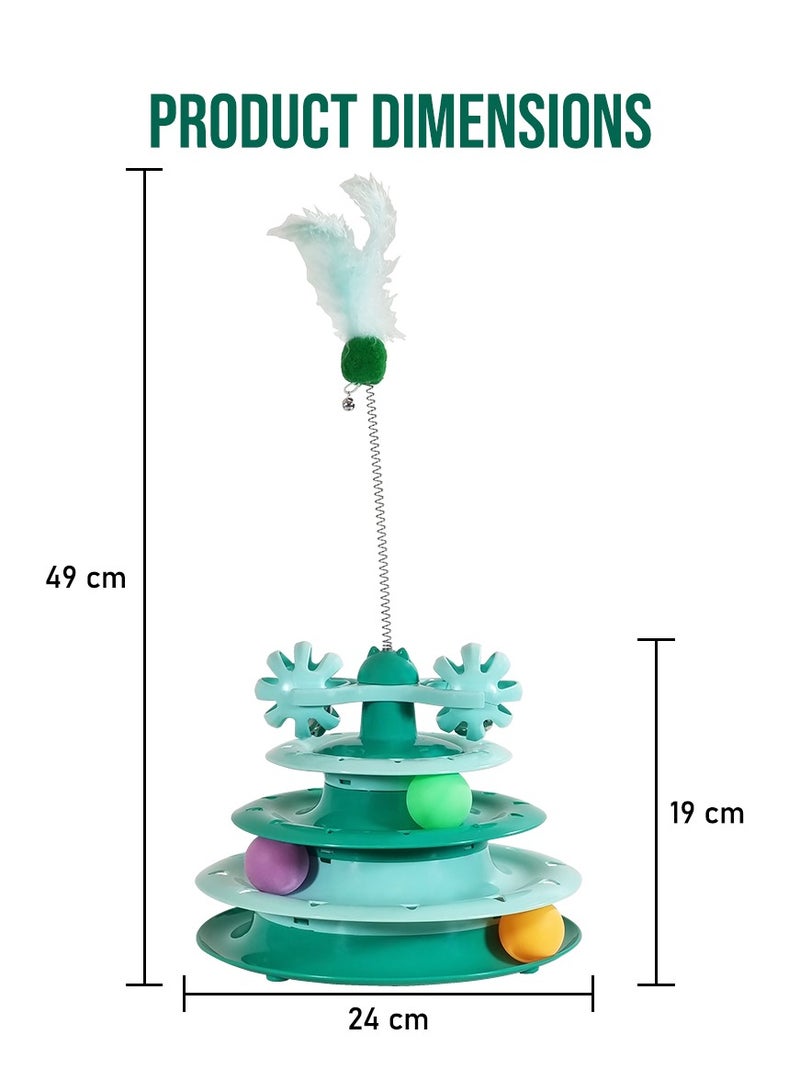 أن ان سي بيتس لعبة تفاعلية للقطط الصغيرة والقطط الصغيرة التي تعيش في المنزل، لعبة دوارة بثلاث طبقات مع كرة دوارة وريش، تصميم متعدد المستويات للعب الممتع والاسترخاء، 49 سم (أخضر) - Image 2