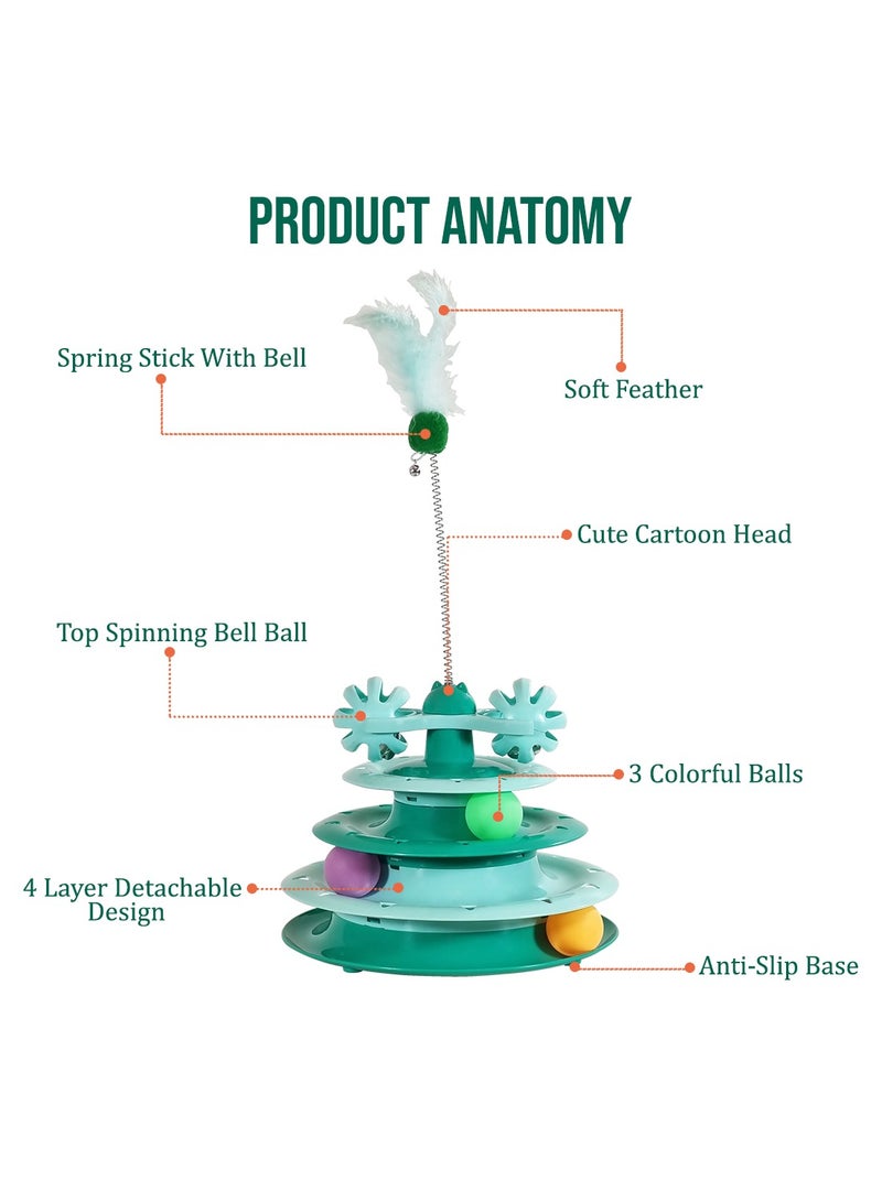 أن ان سي بيتس لعبة تفاعلية للقطط الصغيرة والقطط الصغيرة التي تعيش في المنزل، لعبة دوارة بثلاث طبقات مع كرة دوارة وريش، تصميم متعدد المستويات للعب الممتع والاسترخاء، 49 سم (أخضر) - Image 3