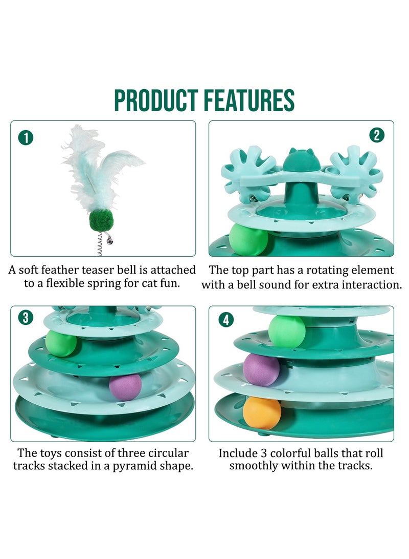 أن ان سي بيتس لعبة تفاعلية للقطط الصغيرة والقطط الصغيرة التي تعيش في المنزل، لعبة دوارة بثلاث طبقات مع كرة دوارة وريش، تصميم متعدد المستويات للعب الممتع والاسترخاء، 49 سم (أخضر) - Image 4
