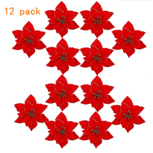 KEPATO Christmas Glitter Poinsettia Christmas Tree Ornaments Pack of 12 (Red) - Image 2