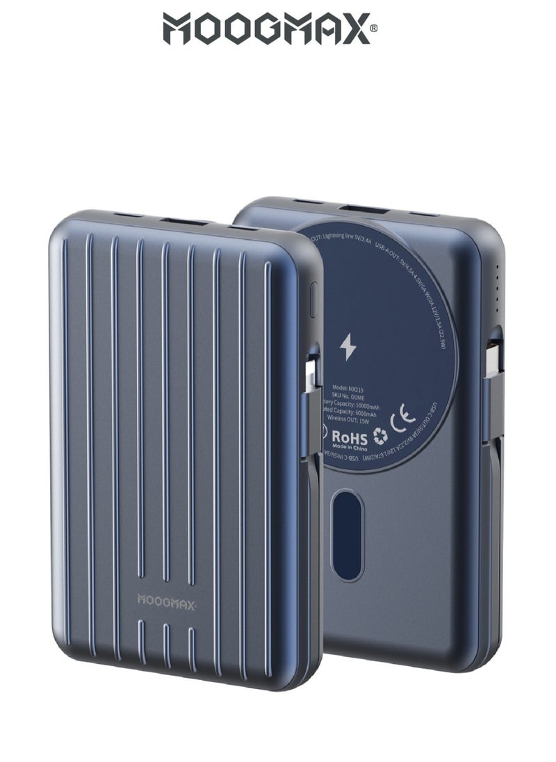 MOOGMAX - Trunk power bank 10000 mAh. Small magnetic wireless powerbank. magsafe power bank with 3 ports (USB & Type-C PD & Lightning). portable charger with built-in fabric charging cables (Type-C & Lightning for iPhone).wireless power bank fast charging with 15W wireless charging & 22.5W for ports & cables. Blue - Image 1