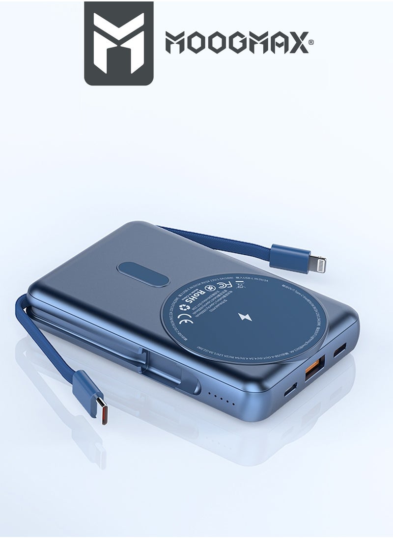 MOOGMAX - Trunk power bank 10000 mAh. Small magnetic wireless powerbank. magsafe power bank with 3 ports (USB & Type-C PD & Lightning). portable charger with built-in fabric charging cables (Type-C & Lightning for iPhone).wireless power bank fast charging with 15W wireless charging & 22.5W for ports & cables. Blue - Image 1
