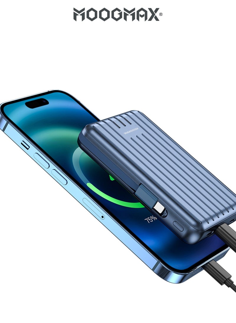 MOOGMAX - Trunk power bank 10000 mAh. Small magnetic wireless powerbank. magsafe power bank with 3 ports (USB & Type-C PD & Lightning). portable charger with built-in fabric charging cables (Type-C & Lightning for iPhone).wireless power bank fast charging with 15W wireless charging & 22.5W for ports & cables. Blue - Image 1