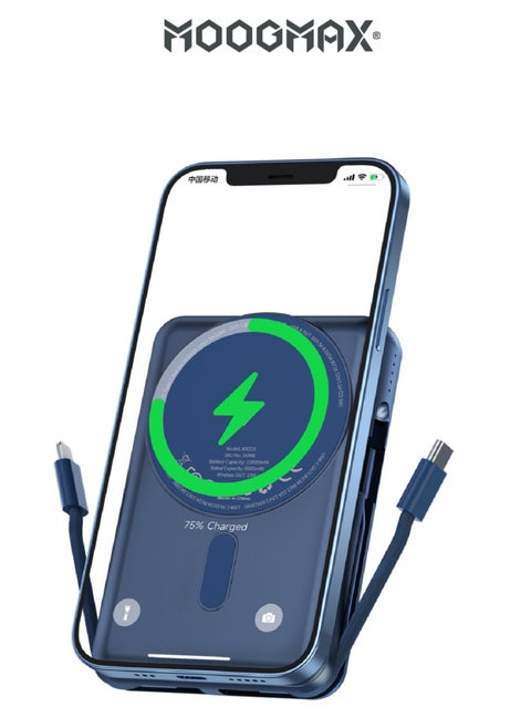 Trunk power bank 10000 mAh. Small magnetic wireless powerbank. magsafe power bank with 3 ports (USB & Type-C PD & Lightning). portable charger with built-in fabric charging cables (Type-C & Lightning for iPhone).wireless power bank fast charging with 15W wireless charging & 22.5W for ports & cables. Blue
