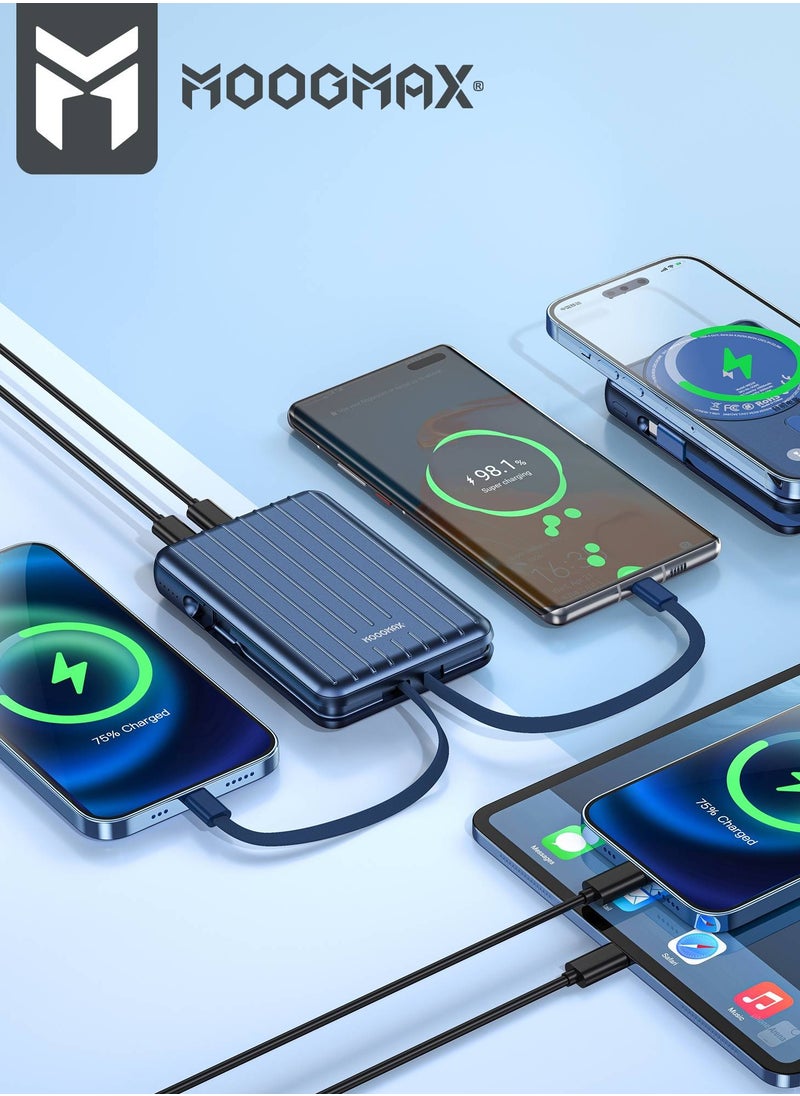 MOOGMAX - Trunk power bank 10000 mAh. Small magnetic wireless powerbank. magsafe power bank with 3 ports (USB & Type-C PD & Lightning). portable charger with built-in fabric charging cables (Type-C & Lightning for iPhone).wireless power bank fast charging with 15W wireless charging & 22.5W for ports & cables. Blue - Image 1