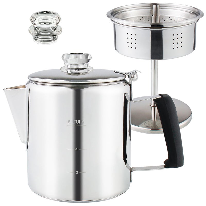 APOXCON Multi Use Percolator Coffee Pot Stainless Steel Stove Top Coffee Maker with Two Tough Borosilicate Glass Knob Silica Handle Camping Coffee Pot Using on Campfire Stove  Induction Cooker Silver 6 Cup