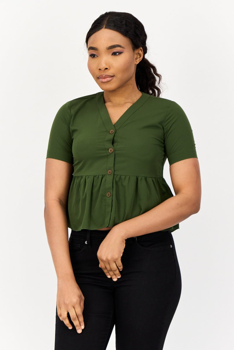 ONLY بلوزة نسائية بأكمام قصيرة على شكل حرف V، لون أخضر داكن - Image 1