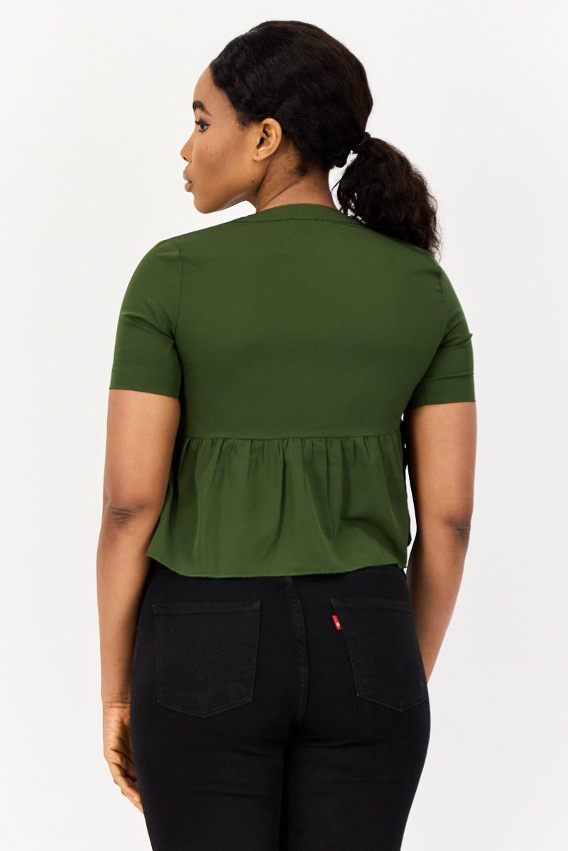ONLY بلوزة نسائية بأكمام قصيرة على شكل حرف V، لون أخضر داكن - Image 2