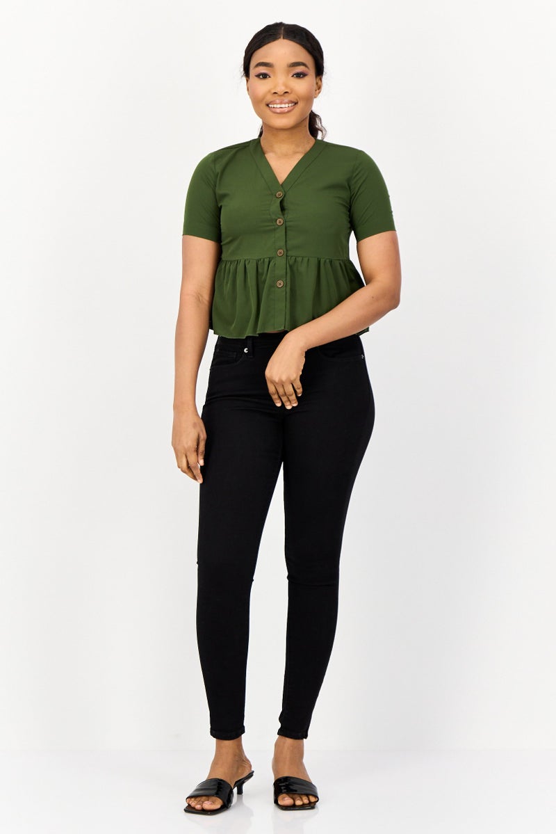 ONLY بلوزة نسائية بأكمام قصيرة على شكل حرف V، لون أخضر داكن - Image 3