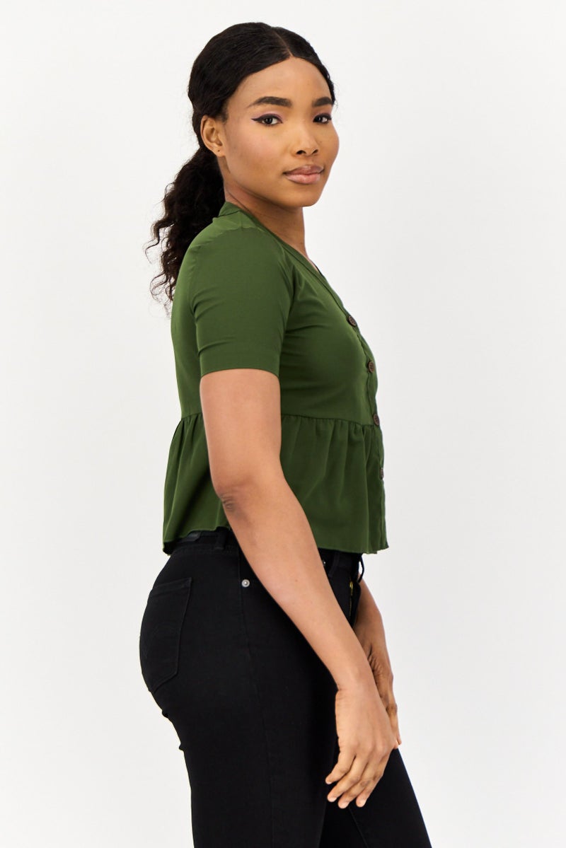 ONLY بلوزة نسائية بأكمام قصيرة على شكل حرف V، لون أخضر داكن - Image 4
