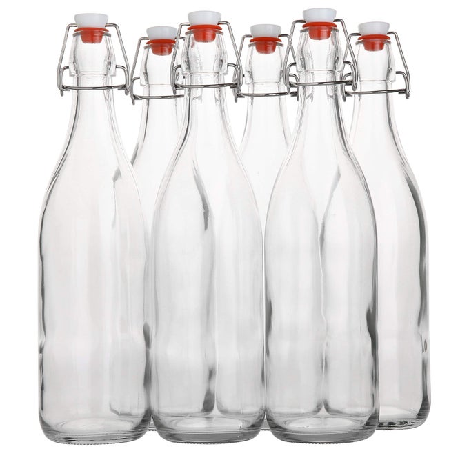 FLIP TOP GLASS BOTTLE 1 LITER 33 FL OZ PACK OF 6 SWING BREWING WITH STOPPER FOR BEVERAGES OIL VINEGAR KOMBUCHA BEER WATER SODA KEFIR AIRTIGHT LID LEAK PROOF CAP CLEAR