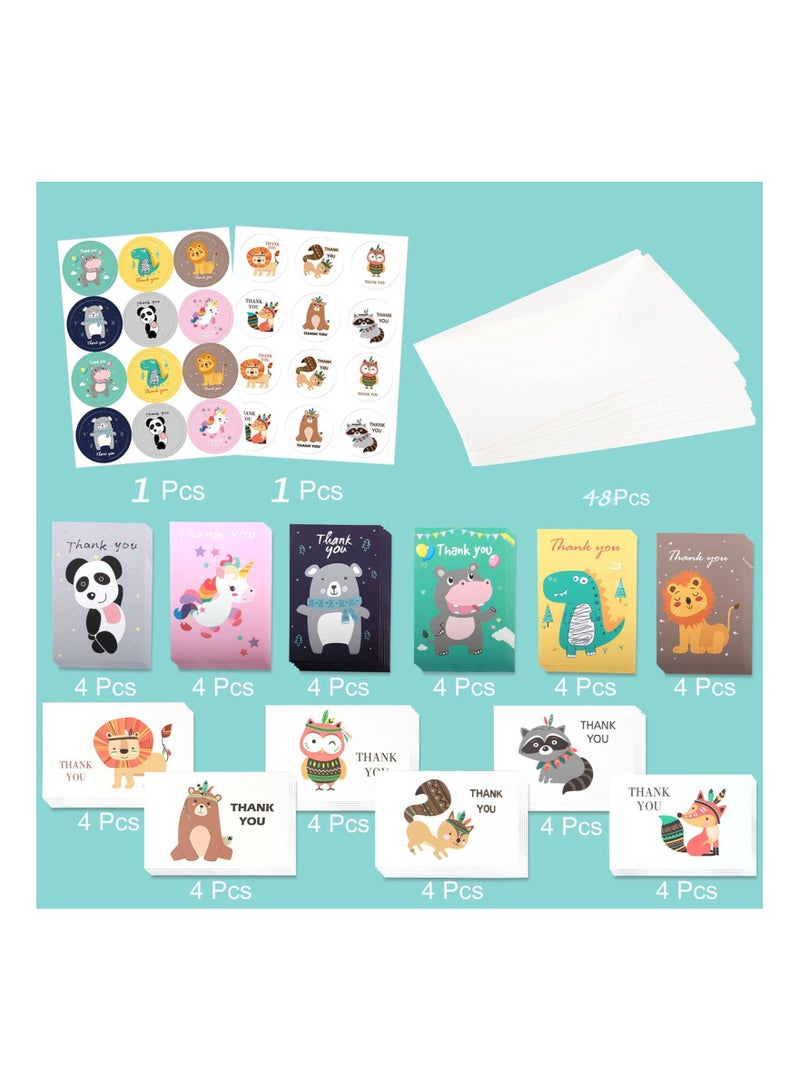KASTWAVE Thank You Cards with Envelopes and Stickers, 48 Pcs Animals Thank You Greeting Cards for Birthday Thank You Weddings Baby Shower - Image 3