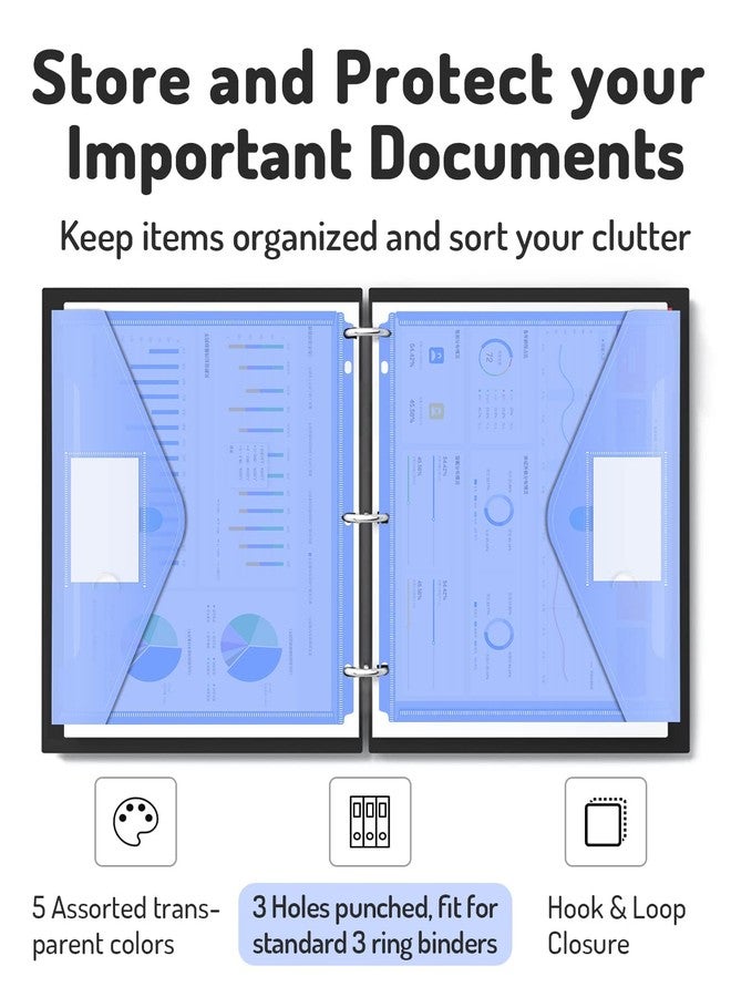 Forvencer Binder Pocket, 5 Pack Super Heavyweight Poly Binder Pocket with Hook and Loop Fasteners Closure, Binder Folders Side Loading, 3 Ring Binder Pocket, Letter Size, Assorted Colors - Image 2