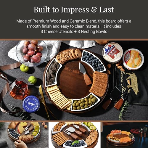 Shanik Acacia Wood Lazy Susan Cheese Board Set – Rotating Charcuterie Platter, Elegant Serving Tray for Appetizers, Snacks, Parties & Weddings - Image 3