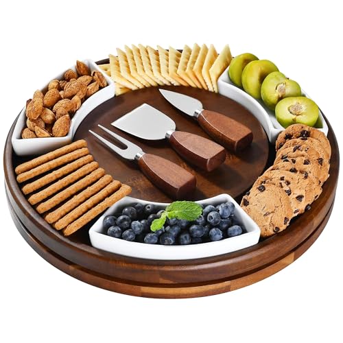 Shanik Acacia Wood Lazy Susan Cheese Board Set – Rotating Charcuterie Platter, Elegant Serving Tray for Appetizers, Snacks, Parties & Weddings - Image 1