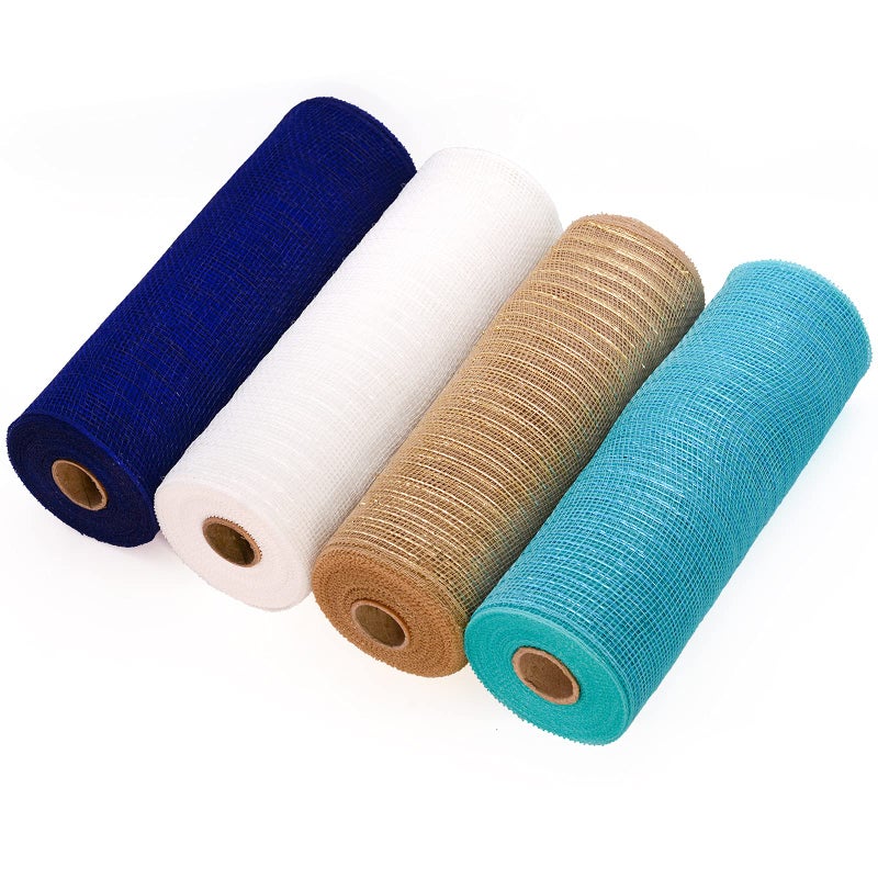 Koopi Deco Mesh 10 inch x 10 Yards  Metallic Foil Poly Mesh Ribbons for SummerCoastal Beach Wreaths Swags Craft Party and Decorating Supplies  4 RollsAqua Blue Tan White Navy Blue