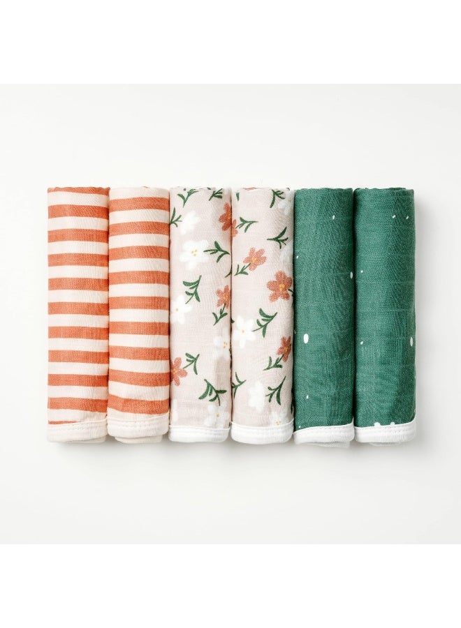 Nightingale Baby Washcloths, Organic Cotton Muslin with Bamboo Viscose - Soft Burp Cloths for Newborn Sensitive Skin - 12x12 Face or Baby Towel - Bath Baby Essentials - 6 Pack (Floral) - Image 1