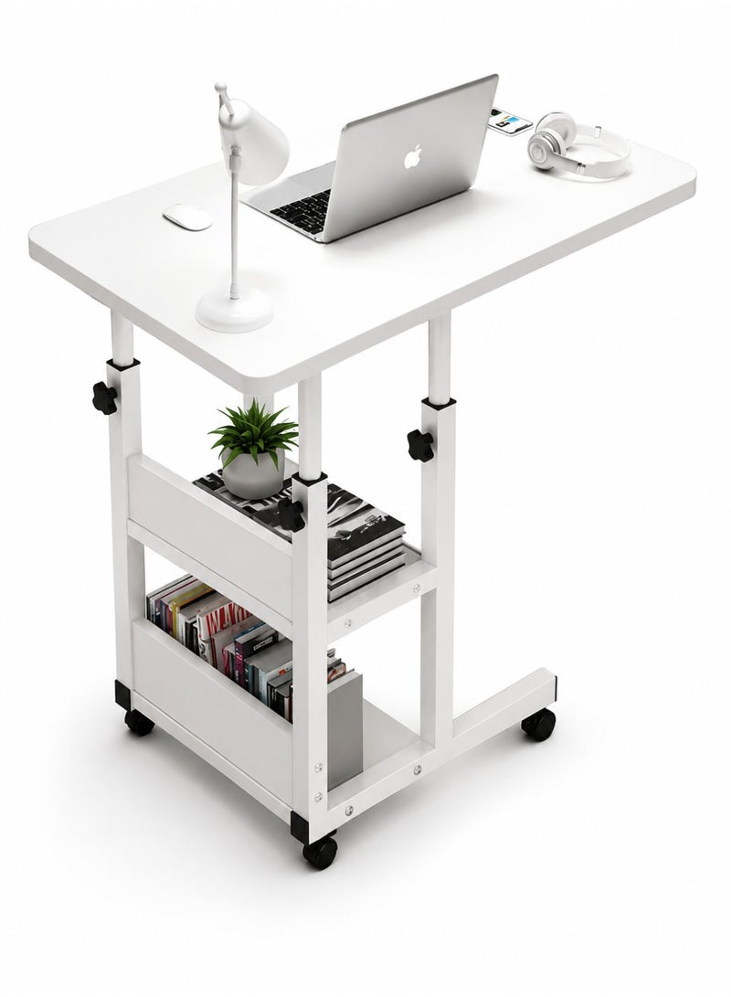 Toshionics Adjustable Laptop Table Desk with Wheels & Storage Shelf 60x40x60-85cm , Portable Standing Desk for Home Office, Mobile Rolling Computer Desk for Small Spaces, Height Adjustable Couch Bedside Workstation (White) - Image 1