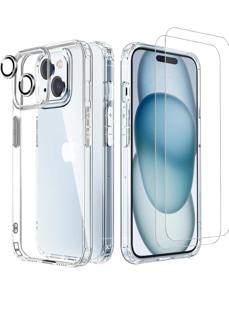 Raxoom [5 in 1] Designed for iPhone 15 Clear Case with Screen Protector[2 Pack] +Camera Lens Protector[2 Pack], Military Grade Drop Protection Transparent Cover 6.1 Inch - Image 1