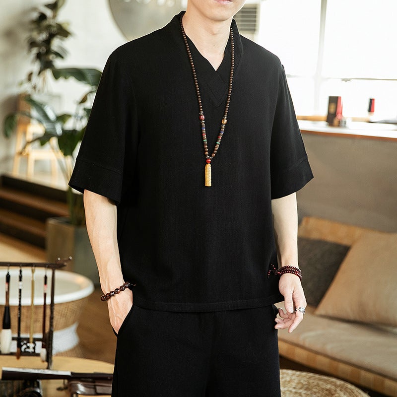 2022 Summer New Chinese Style Printed Short-sleeved T-shirt Men's Cotton and Linen Large Size Casual V-neck T-shirt for Men Wholesale - Image 5