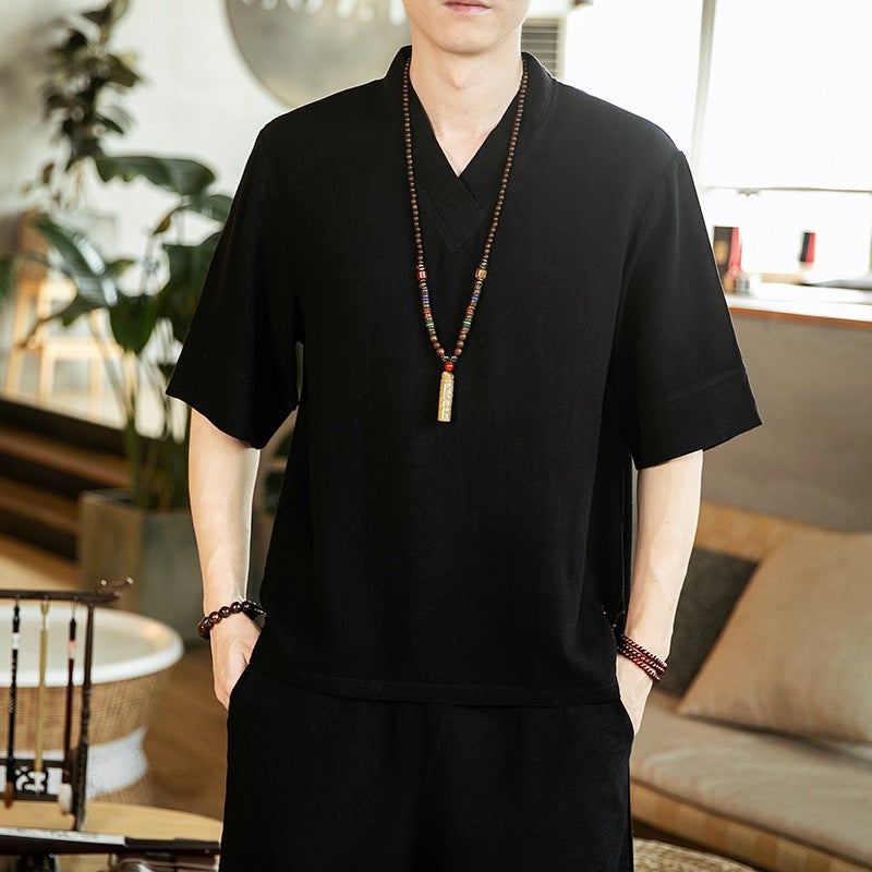 2022 Summer New Chinese Style Printed Short-sleeved T-shirt Men's Cotton and Linen Large Size Casual V-neck T-shirt for Men Wholesale - Image 1