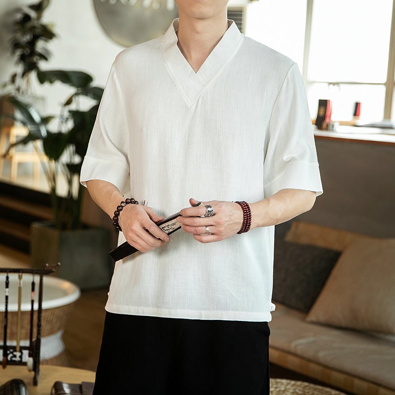 2022 Summer New Chinese Style Printed Short-sleeved T-shirt Men's Cotton and Linen Large Size Casual V-neck T-shirt for Men Wholesale - Image 2