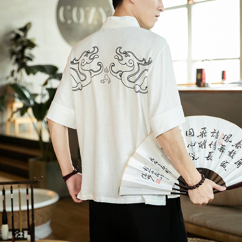 2022 Summer New Chinese Style Printed Short-sleeved T-shirt Men's Cotton and Linen Large Size Casual V-neck T-shirt for Men Wholesale - Image 4