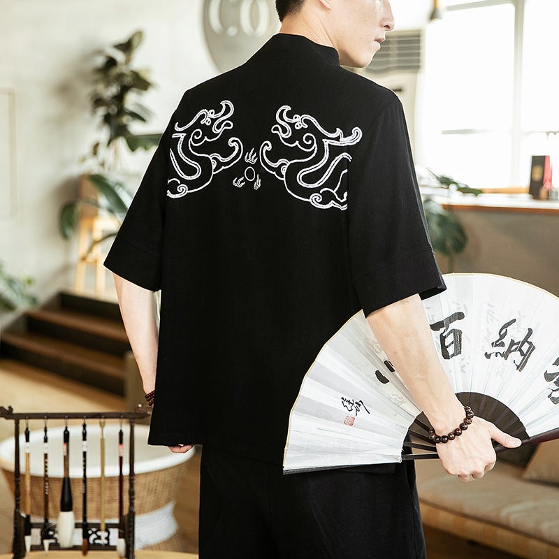 2022 Summer New Chinese Style Printed Short-sleeved T-shirt Men's Cotton and Linen Large Size Casual V-neck T-shirt for Men Wholesale - Image 3