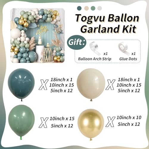 Togvu Dusty Sage Green Blue Gold Balloon Garland Kit, 107 PCS Pastel Olive Green Slate Blue Beige Metallic Gold Balloon Arch Kit for Women Men Boho Birthday Wedding Baby Bridal Shower Party Decorations - Image 2