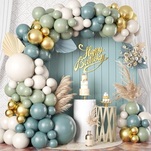 Togvu Dusty Sage Green Blue Gold Balloon Garland Kit, 107 PCS Pastel Olive Green Slate Blue Beige Metallic Gold Balloon Arch Kit for Women Men Boho Birthday Wedding Baby Bridal Shower Party Decorations - Image 1