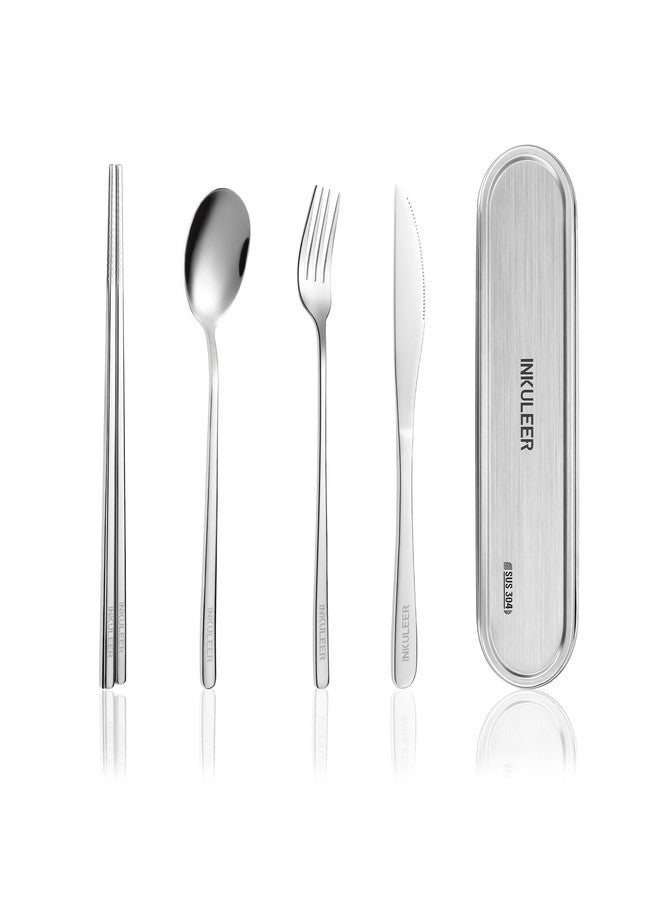 INKULEER Travel Cutlery Set - 18/8 Stainless Steel Reusable Utensils with Metal Case, Portable Silverware for Camping, Office, Travel & Outdoor Dining - Image 1