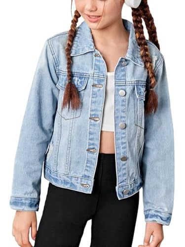 WDIRARA Girl's Ripped Flap Pocket Button Front Long Sleeve Collared Denim Jacket Light Wash 10Y - Image 1