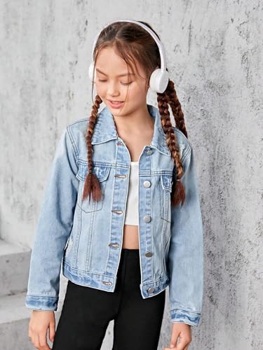 WDIRARA Girl's Ripped Flap Pocket Button Front Long Sleeve Collared Denim Jacket Light Wash 10Y - Image 4