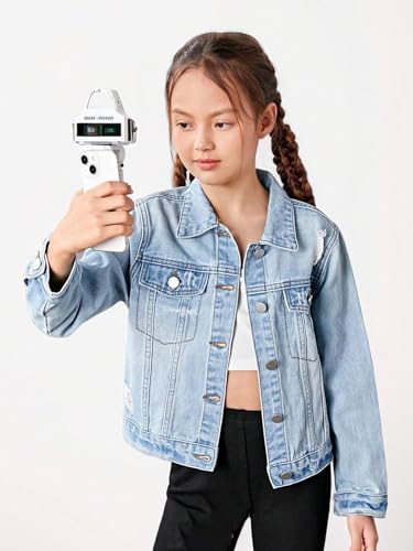 WDIRARA Girl's Ripped Flap Pocket Button Front Long Sleeve Collared Denim Jacket Light Wash 10Y - Image 2