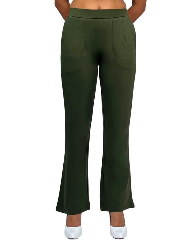 Mlada Store Mlada Bootcut Flare Pants for Women Stretch Cotton Knit Boot Cut Mid Rise Flared Trouser Elastic Waist Band Utility Pockets for Formal Office Work Wear,Travel-Regular/Plus Size-Olive, 3XL - Image 1