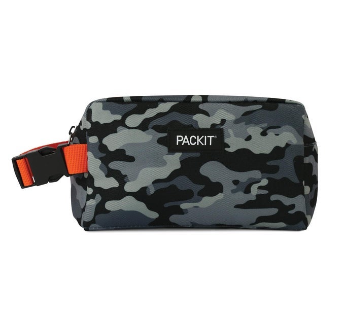 FREEZABLE SNACK BOX CHARCOAL CAMO BUILT WITH ECOFREEZE TECHNOLOGY COLLAPSIBLE REUSABLE ZIP CLOSURE WITH BUCKLE HANDLE GREAT FOR ALL AGES AND FRESH SNACKS ON THE GO
