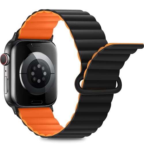 Anlinser Compatible with Apple Watch Band 49/46/45/44/42/41/40/38mm, Women Men Double Side Reversible Magnetic Strap with Loop for iWatch Ultra 3-1 Series 11/10/9/8/7/6-1 SE (49/46/45/44, Black/OR) - Image 1