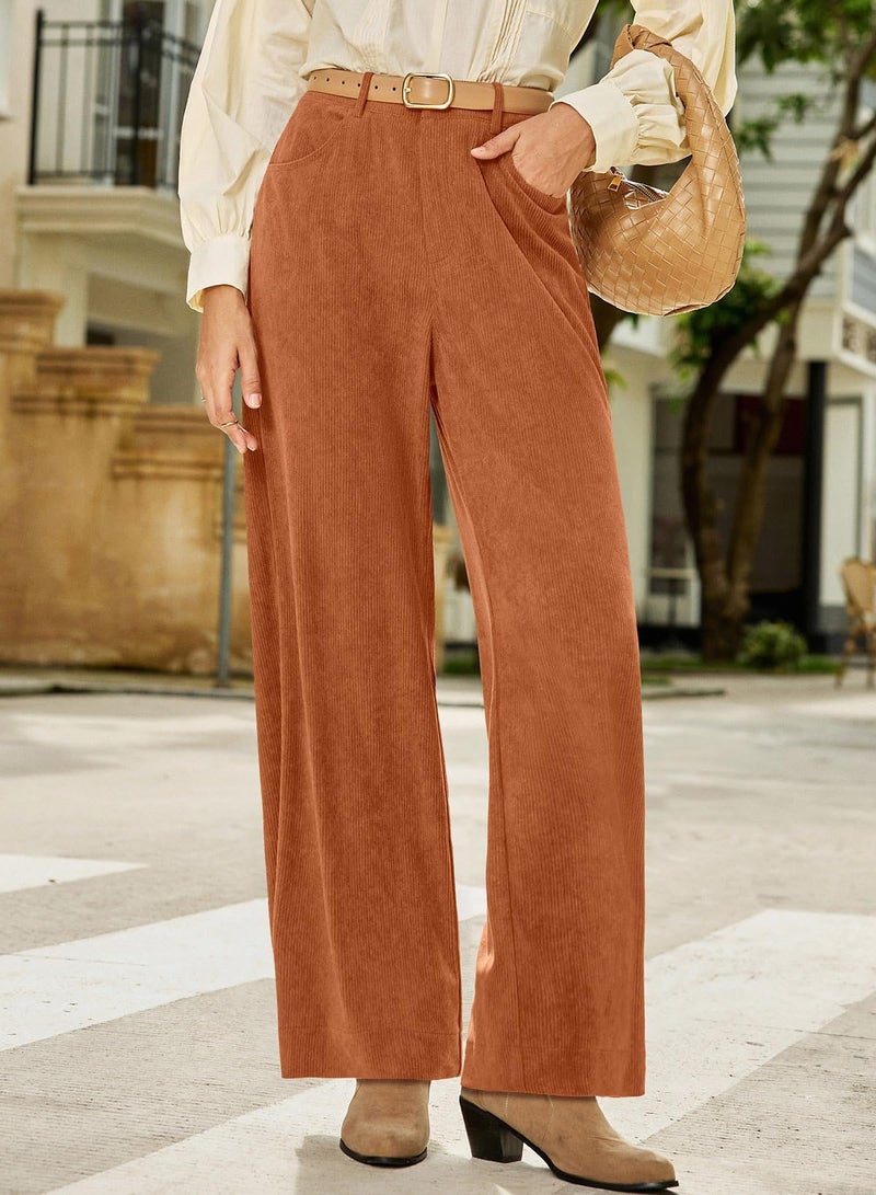 Sidefeel Women's Corduroy Pants Casual High Waisted Wide Leg Elastic Waist Loose Trousers with Pockets Gold Flame Large - Image 4