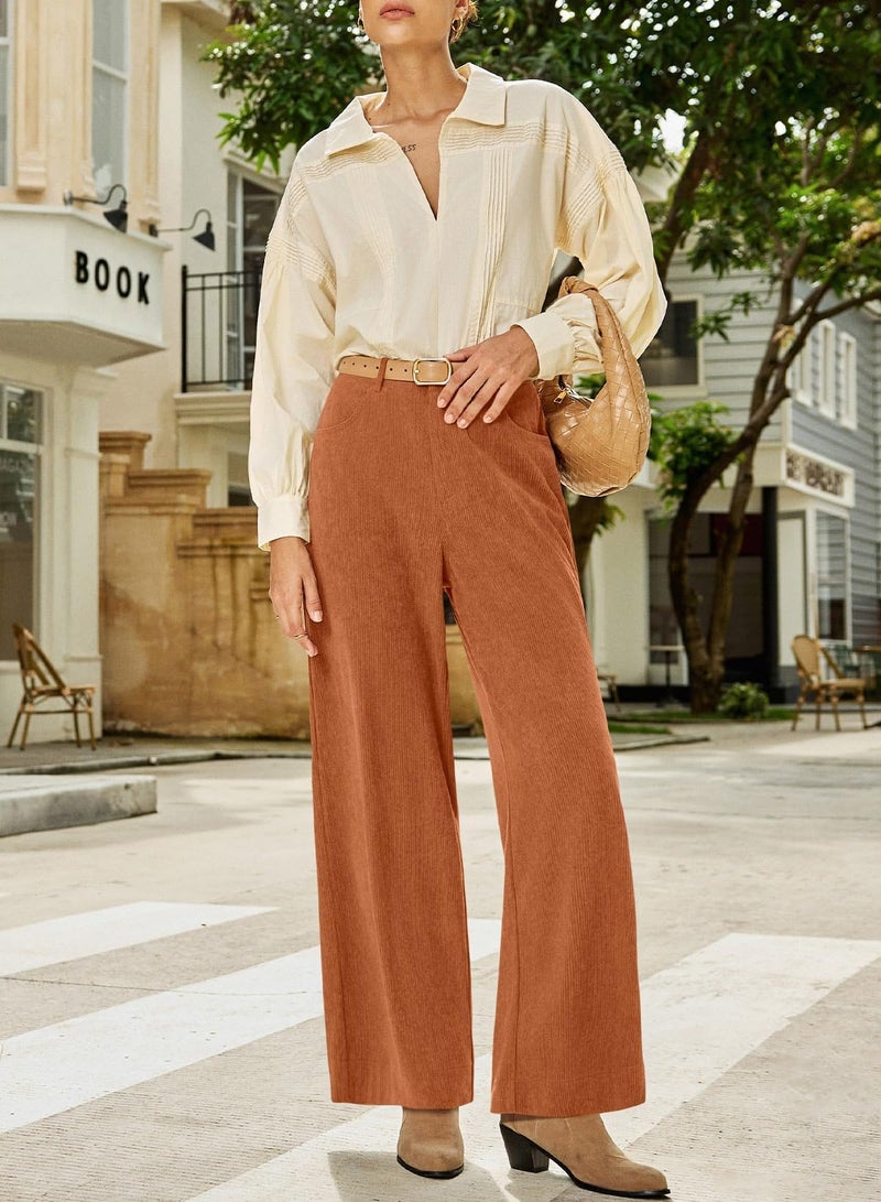 Sidefeel Women's Corduroy Pants Casual High Waisted Wide Leg Elastic Waist Loose Trousers with Pockets Gold Flame Large - Image 5